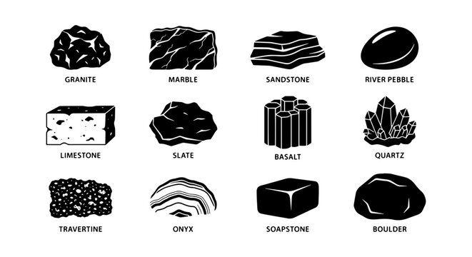 Geology Rock Types Vector Icons: Granite, Marble, Sandstone, Quartz, Limestone, Slate, Basalt, Onyx, Soapstone, Boulder, River Pebble, Travertine