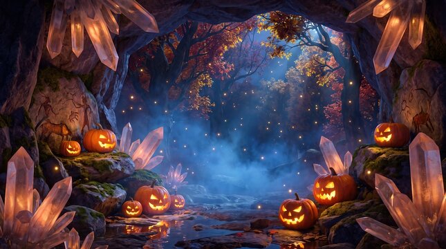Glowing jack o lanterns inside mystical crystal cave overlooking enchanted autumn forest at night with glowing pumpkins arranged overlooking misty firefly