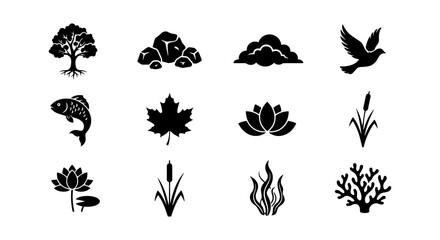 Fototapeta premium Nature Icons Set: Tree, Rocks, Clouds, Bird, Fish, Leaf, Lotus, Reed, Coral Vector Graphics