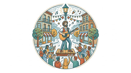 Colorful illustration of a street musician performing in a lively town square. © noele