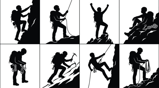 Set of rock climbing and mountaineering silhouettes featuring climbers in various action poses and activities