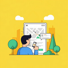 Naklejka premium Vibrant flat vector illustration of a man using a GPS navigation and location tracking app. Features a map interface and city skyline on a yellow background. Perfect for UI/UX and tech startups.