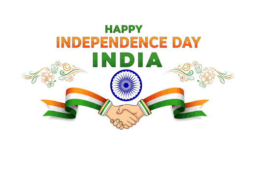 Happy Independence Day India: Handshake with Tricolor Ribbon and Ashoka Chakra