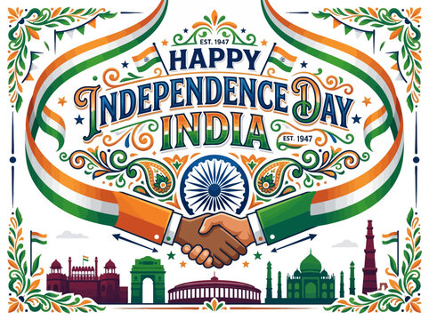 Happy Independence Day India Greeting, Diverse Hands Shaking, Indian Landmarks