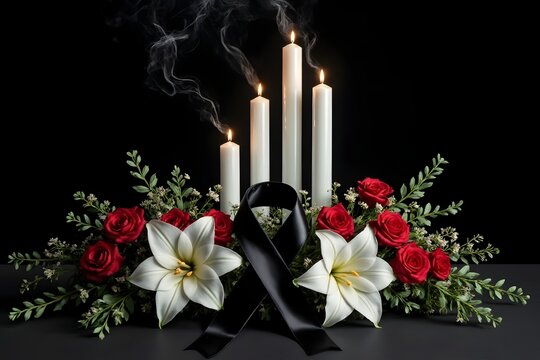 Trauer Kerzen mit wei&szlig;en Lilien roten Rosen und schwarzer Schleife