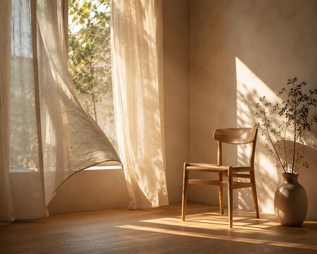 Sunlit room with sheer curtains blowing in the breeze, a wooden chair, and a vase with branches, creating a serene and natural interior scene.