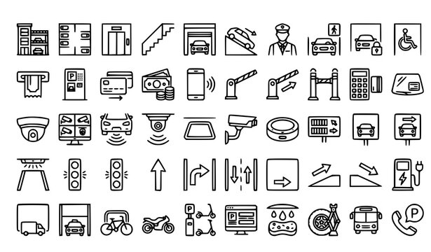 Set of hand drawn parking and transportation icons including cars security cameras payment machines and traffic signs