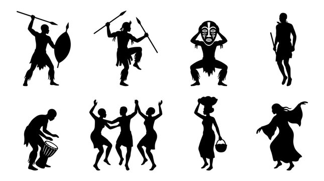 Set of black silhouettes featuring traditional African tribal culture with warriors holding spears shields dancing figures and ritual mask icons