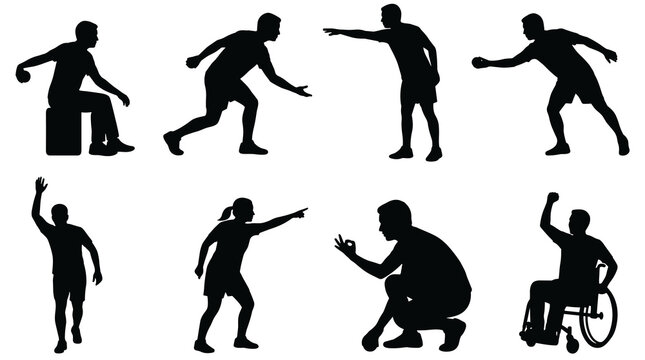 Set of silhouettes representing boccia players in various postures, inclusivity in sports, adaptive athletic activity, wheelchair user, recreation