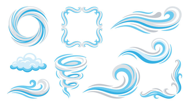 Set of wind gust and weather elements, swirling airflow patterns, dynamic blue breeze shapes, clouds and tornado vortex, ideal for atmospheric design