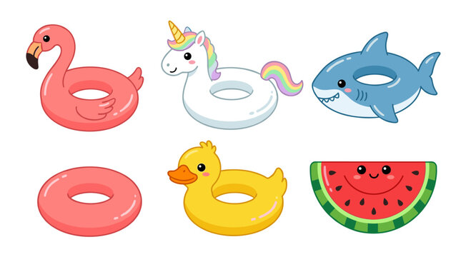 Set of colorful swimming pool inflatable floats featuring flamingo, unicorn, shark, yellow duck and watermelon slice, summer vacation water