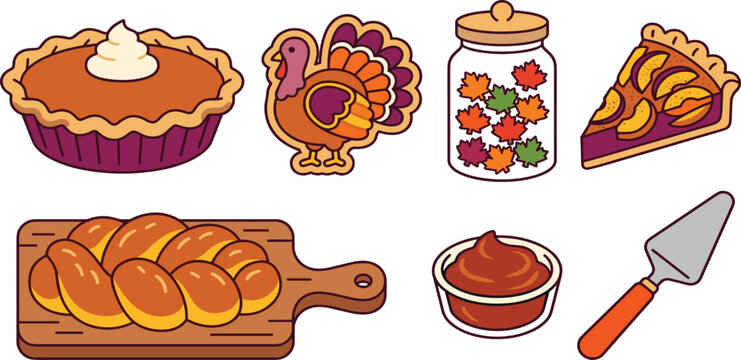 Thanksgiving Bakery and Dessert Vector Icon Set with Pumpkin Pie, Turkey Cookie, Maple Leaf Candy Jar, Challah Bread on Board, Apple Tart, and Server