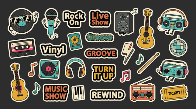 Retro music sticker collection, vintage audio equipment, guitar, microphone, cassette, vinyl records, entertainment icons for planner or scrapbook