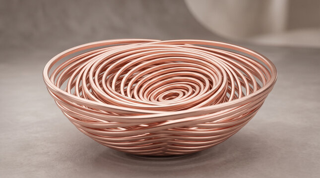 Rose gold wire concentric ring bowl on gray surface.