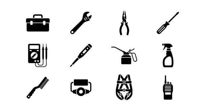 Vector Icons: Toolbox, Wrench, Pliers, Screwdriver, Multimeter, Safety Harness, Tools Collection