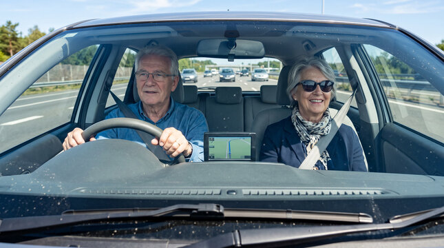 Senior couple driving car seen through windshield
