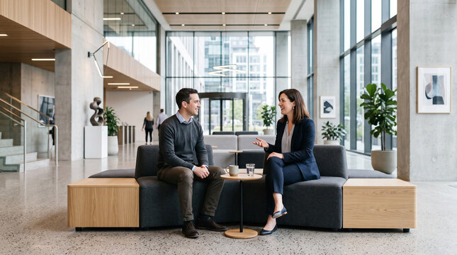Professionals talking on a sofa in an office lobby.