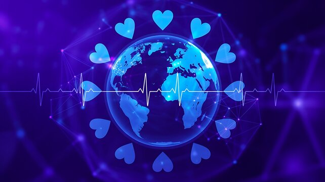 Digital globe surrounded by heart icons representing global love connection social network and online community