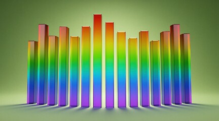 Fototapeta premium Abstract multicolor gradient bars stand in a row. Geometric shapes form a visual spectrum on a light green background. Futuristic digital art for modern design.