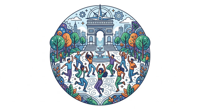 Colorful illustration of Arc de Triomphe with people and trees.