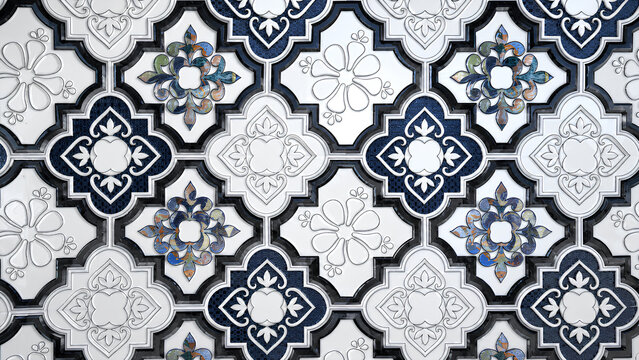 Luxury Blue and White Ornamental Ceramic Tile Pattern Background, Vintage Moroccan Geometric Wall Texture, Seamless Decorative Mosaic Design, High Resolution PNG