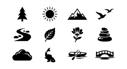 Fototapeta premium Nature Icons Set: Forest Tree, Sun, Mountains, Birds, River, Leaf, Flower, Stones, Cloud, Fish, Boat, Bridge