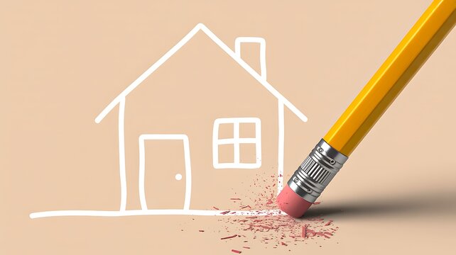 Pencil erasing house drawing representing property removal mortgage cancellation and real estate change concept