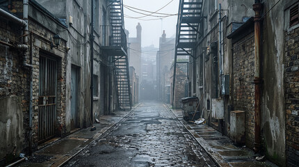 Fototapeta premium Atmospheric empty urban backstreet with wet cobblestone pavement, old buildings, and soft morning fog creating a mysterious cinematic city scene.