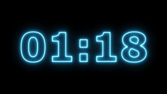 Abstract glowing neon 1 minute 25 second countdown animation from 85 seconds to 0 seconds on a black background. time countdown timer. 
