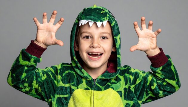 boy wearing dinosaur hoodie pretending to be monster