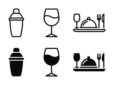 Modern restaurant icon set with drink shakers wine glasses and dinnerware