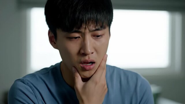 Men's indoor one handed face holding shows pain, boys' sadness and pain
