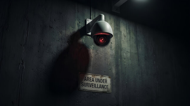 Security camera mounted on dark concrete wall.
