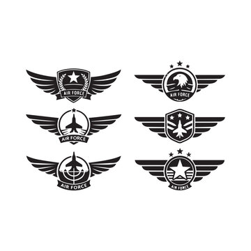 Military air force wing emblems, set of 6 black and white aviation badges, pilot flight squadron insignia with stars and eagle icons