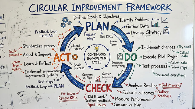 Continuous improvement cycle diagram drawn on a whiteboard illustrating the circular plan do check act framework.