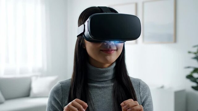 Women experience virtual reality equipment indoors and experience VR technology
