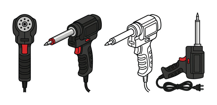 Professional desoldering gun iron tools in isometric and flat vector views