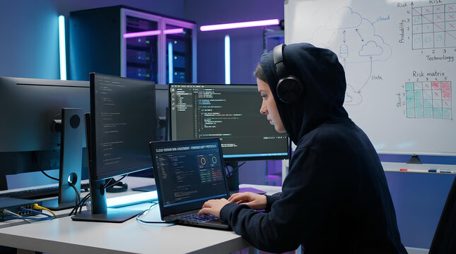 Programmer in hoodie coding on multiple computer screens