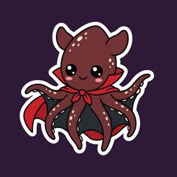 Cute cartoon vampire squid octopus wearing dracula cape halloween kawaii sticker illustration