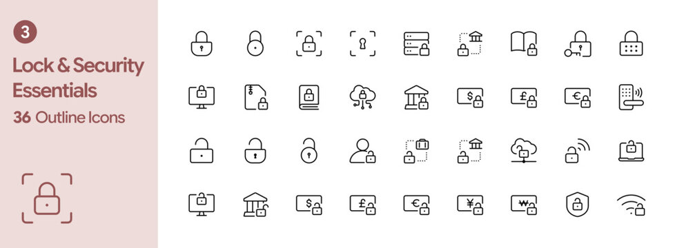 Lock and Security Essentials Outline Icon Set 03