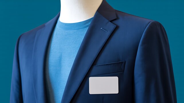 Professional navy blue blazer with blank name badge on mannequin representing corporate uniform and business workwear