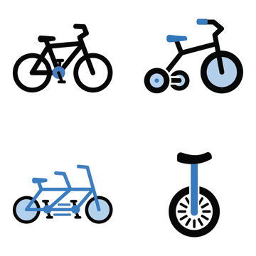 Vector art of variety of bicycle types illustrated as icons standard bike, tricycle, tandem bike, and unicycle