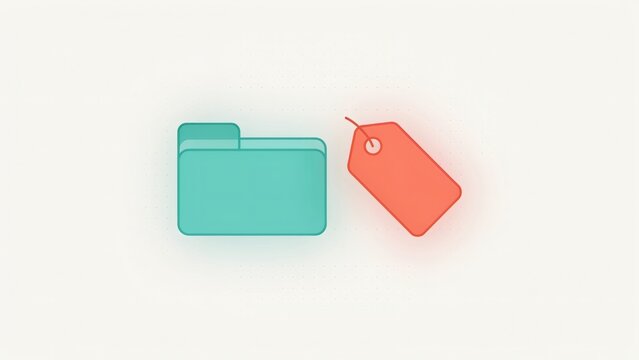 Minimalist digital folder icon paired with a red price tag symbol against grid background with background subtle dotted simplified teal folder