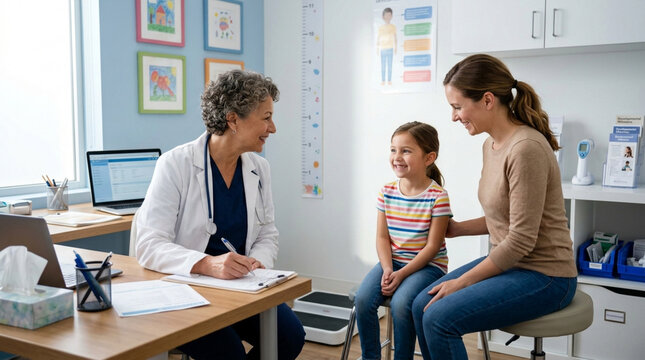 Doctor Talking With Mother And Daughter In Pediatrician's Office