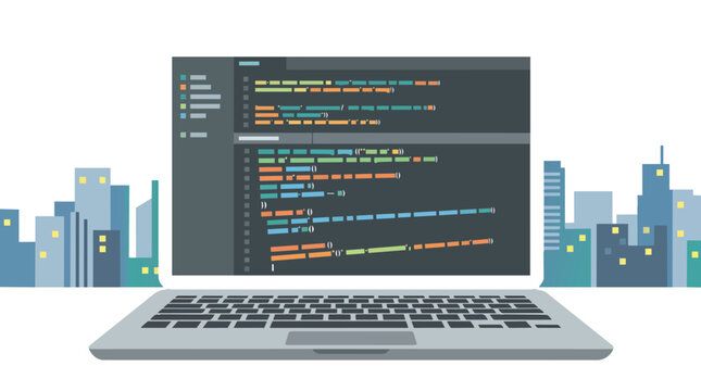 Software development code and laptop screen with urban cityscape in modern flat vector illustration for enterprise tech solutions