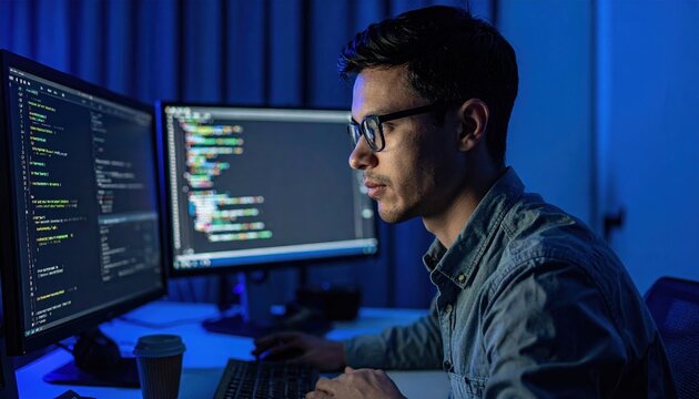 Young programmer coding on computer in dark office artificial intelligence concept