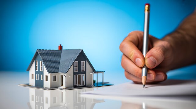 House model with hand drawing architectural plan for real estate construction and home design concept