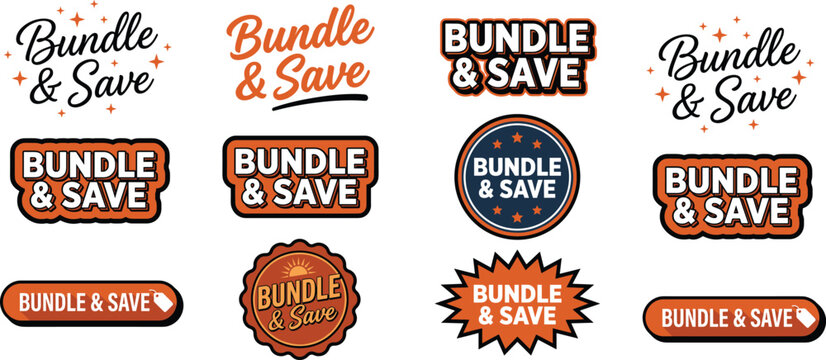 Bundle and save logo collection featuring bold typography, badges, and emblem designs in orange, black, and white for discount, sale, and promotion concept flat vector illustration