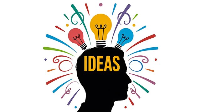 Creative ideas concept with colorful light bulbs human head silhouette and innovative thinking symbols