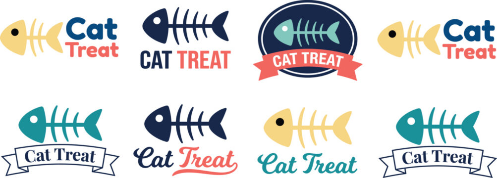 Cat treat logo collection featuring colorful fish skeleton icons, playful typography, and badge designs for pet food, feline care, and branding concept flat vector illustration